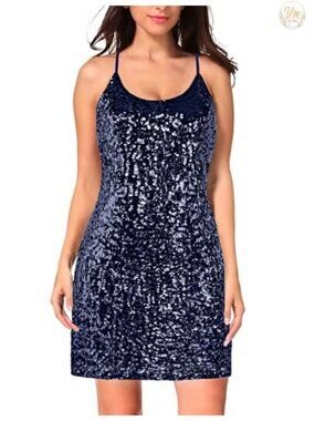 MANER Glitter Sequin Dress Adjustable Spaghetti Strap Sparkle Party Dress